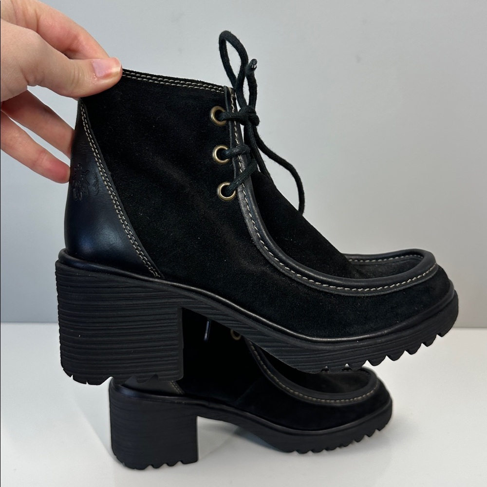 Fly London Wins Black Suede Block Heel Lace Up Ankle Boots Size 37(6.5-7) - Picture 12 of 14